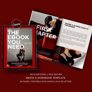 Könnte beinhalten: Ein rotes und weißes E-Book-Cover mit dem Text "THE EBOOK YOU NEED" in fetten weißen Buchstaben. Das Cover zeigt eine Frau in schwarzer Kleidung, die auf einem roten Stuhl sitzt. Der Text "FIRST CHAPTER" ist auf der aufgeschlagenen Seite des E-Books sichtbar.