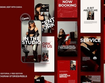 50+ gewaagde redactionele esthetische rode editie Instagramverhalen | Bewerkbare canvassjabloon | Rood crème zwart l modern esthetisch | Sociale media