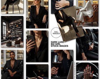 May include: A collage of images featuring women in business attire. The images showcase various poses and settings, including sitting in chairs, using a phone, and holding a glass of wine. The text in the image reads "DARK LUXE BIZ GIRL STOCK IMAGES".