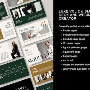 53 Page Luxury Aesthetic Slide Deck Webinar Creator | Editable Canva Template | Emerald Green Beige l Modern Minimal Online Course Template