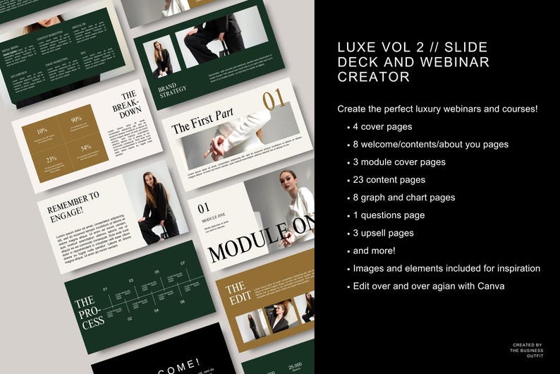 53 Page Luxury Aesthetic Slide Deck Webinar Creator | Editable Canva Template | Emerald Green Beige l Modern Minimal Online Course Template