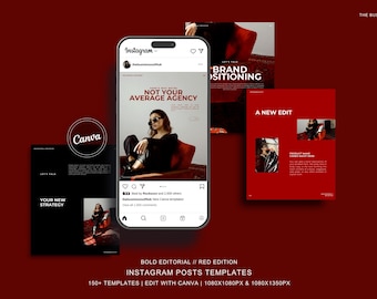 100+ Bold Editorial Aesthetic Red Edition Instagram Posts | Editable Canva Template | Red Grey Cream Black l Modern Aesthetic | Social Media