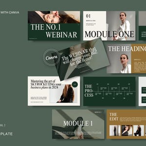 Puede incluir: Una plantilla de presentación verde y dorada con el texto "The No. 1 Webinar" y "Módulo Uno". La plantilla incluye imágenes de personas y texto sobre planes de negocios y marca.