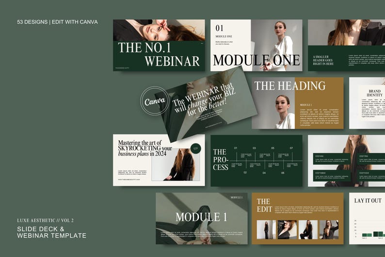 53 Page Luxury Aesthetic Slide Deck Webinar Creator | Editable Canva Template | Emerald Green Beige l Modern Minimal Online Course Template