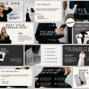 May include: A digital presentation slide deck template featuring a black and white color scheme with minimalist typography. The slides include headings such as Module One, The Problem, Meet Your Webinar Host, and The Brand New Course Layout.