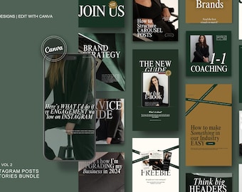 May include: A collection of 150 Instagram post and story templates in a green and gold color scheme. The templates feature text overlays with phrases like "Join Us", "Brand Strategy", "The New Guide", "1-1 Coaching", "How to make something in our industry easy", "Think big headers", and "Here's what I'd do if my engagement was low on Instagram".