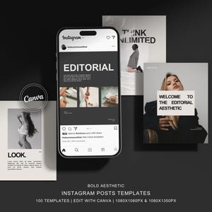 100 Bold Editorial Aesthetic Instagram Posts | Editable Canva Template | Beige Grey Cream Black l Modern Aesthetic | Social Media