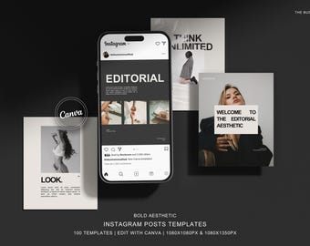 May include: A set of four Instagram post templates with a black and white color scheme. The templates feature a variety of images, including a woman in a black jacket, a woman in a white top, and a woman in a black dress. The text on the templates includes "Think Unlimited", "Editorial", "Welcome to the Editorial Aesthetic", and "Look".