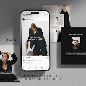 Könnte beinhalten: Eine Sammlung von Social-Media-Posts mit einer Frau, die einen schwarzen Blazer und Jeans trägt. Die Posts sind im minimalistischen Stil mit einem Schwarz-Weiß-Farbschema gestaltet. Der Text auf den Posts lautet "Ästhetischer Minimalismus" und "Treffen Sie den Gründer".