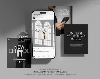 100 Minimalist Aesthetic VOL 2 Instagram Posts | Editable Canva Template | Grey Cream Black l Business Coach Social Media Design Template