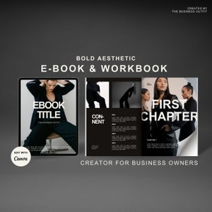 May include: A digital mockup of an ebook and workbook with a bold aesthetic. The ebook on a tablet displays the title and a photo of a person. The workbook shows the table of contents and the first chapter. Text includes "E-BOOK & WORKBOOK" and "CREATOR FOR BUSINESS OWNERS."