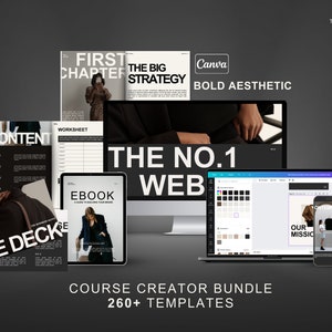May include: A collection of digital templates for creating online courses. The templates are designed in a bold aesthetic and include a slide deck, ebook, worksheet, and website design. The text "The No. 1 Web" is visible on a computer screen. The text "Course Creator Bundle 260+ Templates" is displayed at the bottom of the image.