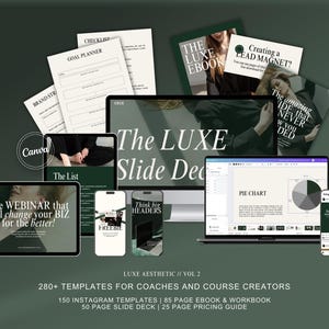 Puede incluir: Un conjunto de plantillas de marketing digital para coaches y creadores de cursos. La imagen presenta una computadora portátil, una tableta y teléfonos inteligentes que muestran varios elementos de diseño, incluyendo un gráfico circular, portadas de libros electrónicos y listas de verificación. El texto incluye "The LUXE Slide Deck".