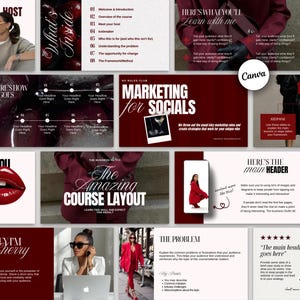 May include: A collection of presentation slides with a burgundy and white color scheme. The slides cover topics like marketing, course layouts, and webinar hosting. Text includes "Marketing for Socials" and "The Amazing Course Layout."