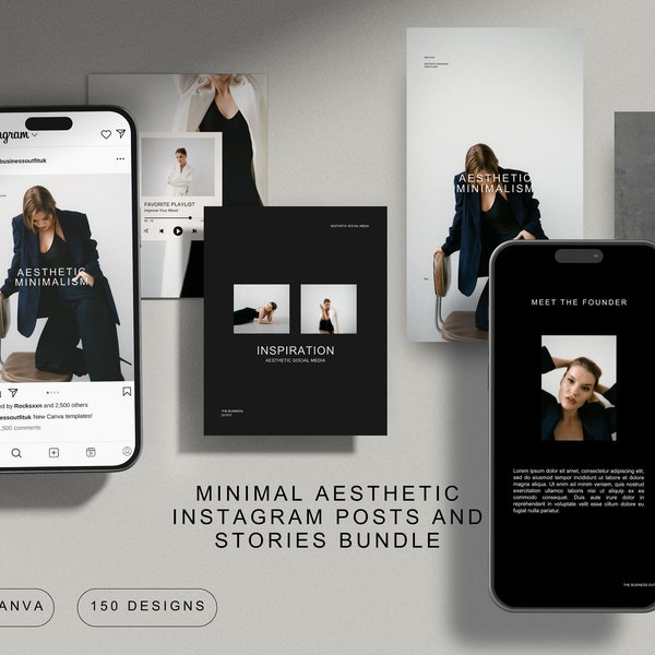 150 Minimalistisch ästhetische Instagram Posts & Stories | Bearbeitbare Canva Vorlage | Beige, Grau, Creme, Schwarz l Business Social Media Template