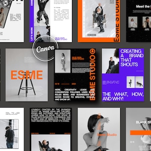 Puede incluir: Una colección de carteles de diseño gráfico con una estética moderna. Los carteles presentan tipografía audaz, imágenes de personas y el nombre de la marca "ESME STUDIO" en naranja. Los diseños utilizan un enfoque minimalista.