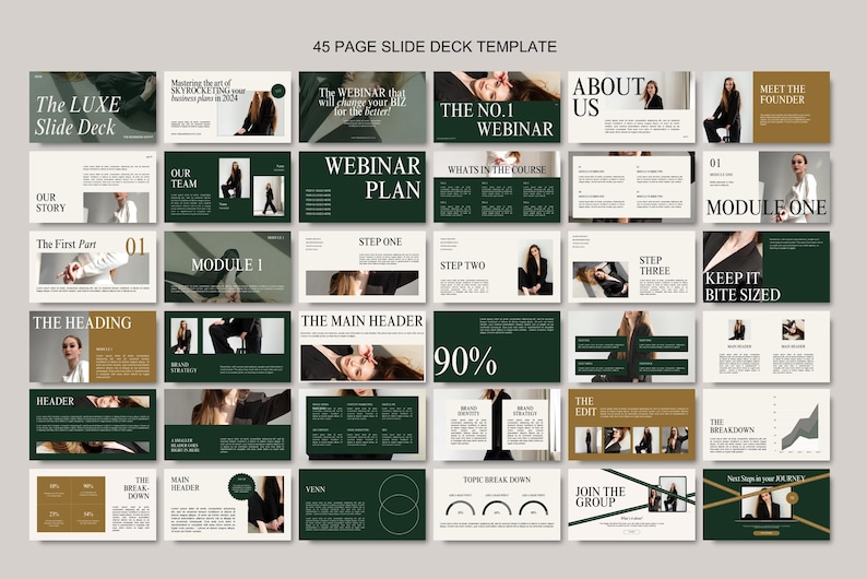 53 Page Luxury Aesthetic Slide Deck Webinar Creator | Editable Canva Template | Emerald Green Beige l Modern Minimal Online Course Template