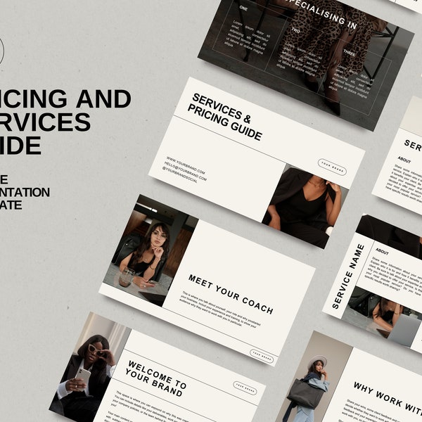 Pricing and Service Guide for Coaches | Editable Canva Template | Price list Menu Services | beige cream grey minimal aesthetic