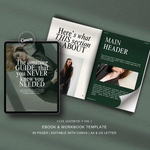 May include: A mockup of an ebook and workbook template with a green background. The template is titled "LUXE AESTHETIC // VOL 2" and features the text "The amazing GUIDE that you NEVER knew you NEEDED" and "Here's what THIS section ABOUT".