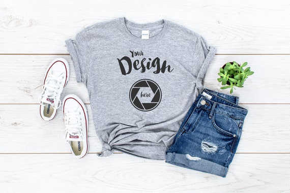 Gildan Mockup 64000 Softstyle Heather Gray Knotted T-Shirt ...