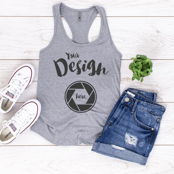 Heather Grey Next Level 1533 - Tank Flat Lay - Racerback Tank Mock Up - Tank Top Mock Up - Flat Lay Mockup - T-Shirt White Tank Top Mockup