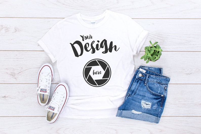 Download Gildan Mockup 64000 Softstyle White Knotted T shirt Unisex ...