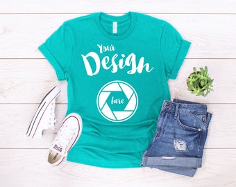 Teal Bella Canvas 3001 Mockup - Unisex Teal T Shirt Flatlay - Shirt Mockup - Tee Shirt Flat Lay - Real Photo - Top View Shirt Bella T Shirt