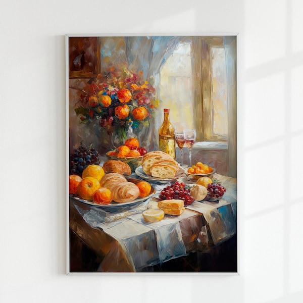 Wine for Two | Vintage Food Art, Kitchen Art, Impressionist Bread Artwork, Vintage Oil Painting, Antique Food Painting, Breakfast Painting