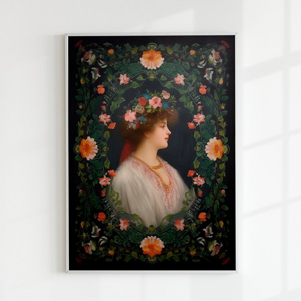 The Muse | Neoclassical Renaissance Art, Vintage Female Portrait, Floral Wall Art, Feminine Classical Painting, Antique Oil Painting