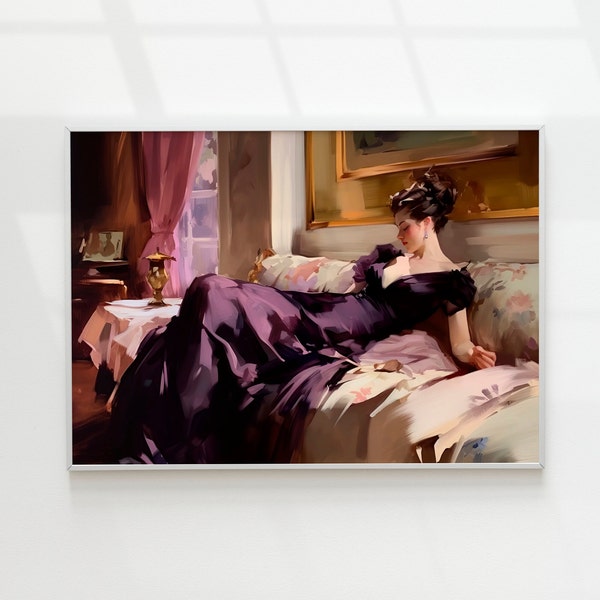 Jolie en violet | Peinture Renaissance impressionniste, portrait féminin vintage, décor universitaire sombre, peinture classique, art mural maximaliste