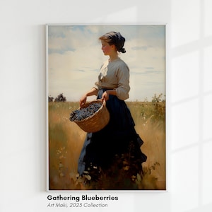 Gathering Blueberries | Impressionist Renaissance Art, Vintage Farmhouse Art, Classical Wall Art, Antique Oil Painting, Old Moody Artwork