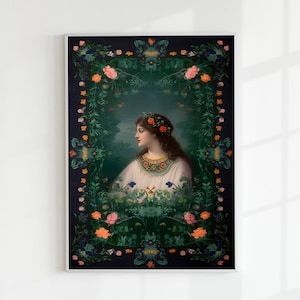 Floral Frame | Neoclassical Renaissance Art, Vintage Female Portrait, Floral Wall Art, Feminine Classical Painting, Antique Oil Painting