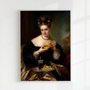 Fast Foodie | Altered Art Portrait, Eclectic Wall Art, Whimsical Artwork, Burger Kitchen Decor, Renaissance Alter Art, Quirky Painting