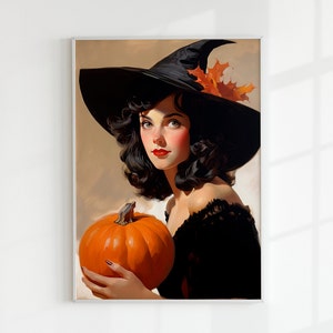 Autumn Witch | Whimsical Vintage Wall Art, Halloween Pumpkin Painting, Printable Spooky Artwork, Witchy Portrait & Magical Fantasy Poster