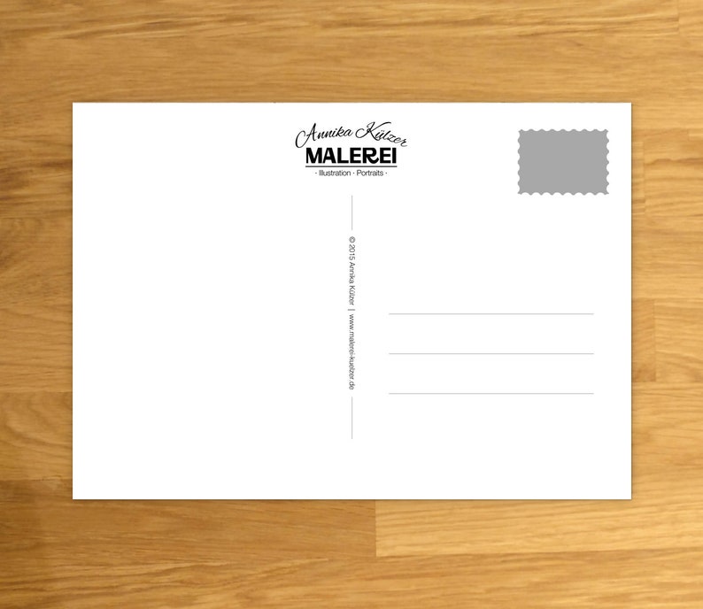 Puede incluir: Una postal blanca con un logotipo en blanco y negro que dice "Annika K&uuml;tzer MALEREI - Illustration - Portraits -" y un sello gris en la esquina superior derecha. El texto en la parte inferior dice "&copy; 2015 Annika K&uuml;tzer | www.malerei-kuetzer.de"