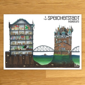 Puede incluir: Una ilustraci&oacute;n de acuarela de dos edificios en Hamburgo, Alemania. El edificio de la izquierda es un almac&eacute;n con una vista en secci&oacute;n que muestra el interior. El edificio de la derecha es una estructura similar a un castillo con un puente en frente. El texto "Speicherstadt Hamburg" est&aacute; en la parte superior de la imagen.