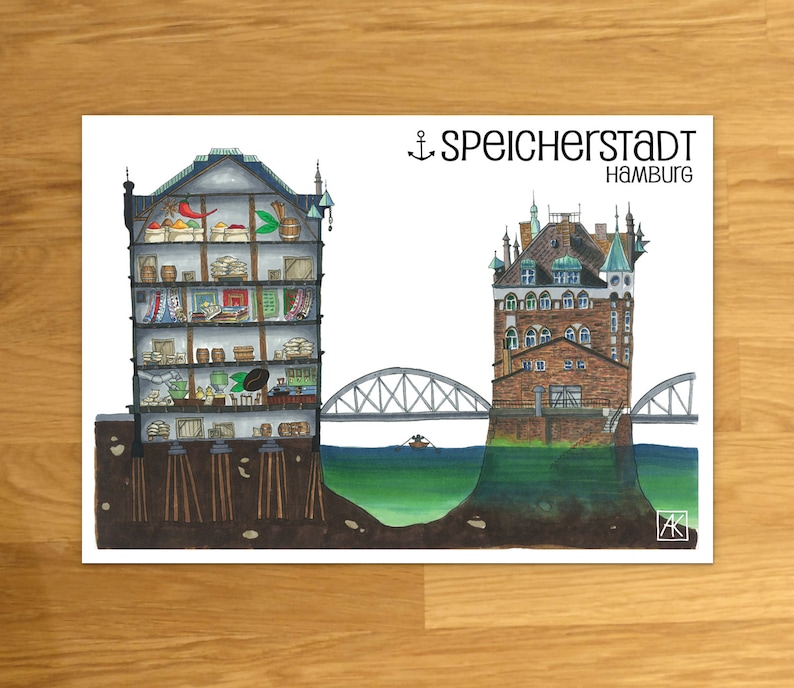 Puede incluir: Una ilustraci&oacute;n de acuarela de dos edificios en Hamburgo, Alemania. El edificio de la izquierda es un almac&eacute;n con una vista en secci&oacute;n que muestra el interior. El edificio de la derecha es una estructura similar a un castillo con un puente en frente. El texto "Speicherstadt Hamburg" est&aacute; en la parte superior de la imagen.