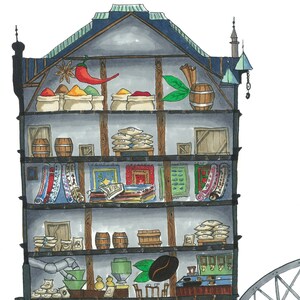 Puede incluir: Una ilustraci&oacute;n en secci&oacute;n transversal de una tienda con varios estantes. Los estantes est&aacute;n llenos de diversos productos, incluyendo especias, alfombras, barriles y sacos de grano. La tienda tiene un suelo de madera y un mostrador de madera.