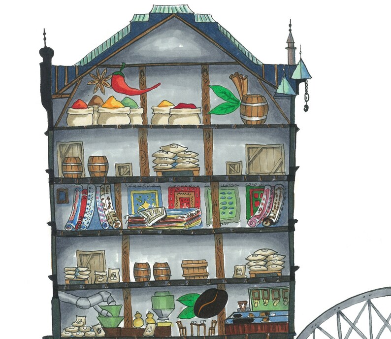 Puede incluir: Una ilustraci&oacute;n en secci&oacute;n transversal de una tienda con varios estantes. Los estantes est&aacute;n llenos de diversos productos, incluyendo especias, alfombras, barriles y sacos de grano. La tienda tiene un suelo de madera y un mostrador de madera.