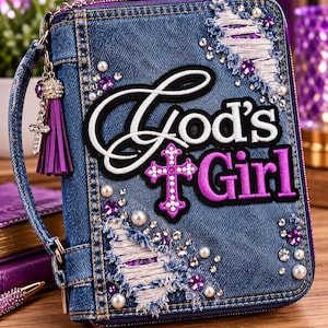 May include: A blue denim zippered case featuring the text God's Girl in white and purple embroidery. The cover is decorated with distressed fabric patches, white faux pearls, purple rhinestones, and a purple tassel charm with a cross.