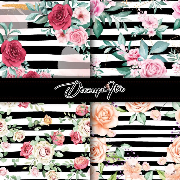 floral, stripes, glittering, butterflies, acuarela, rayas, Carta digitale, Decoupage, Scrapbooking, Cardmaking, Collage Sheet