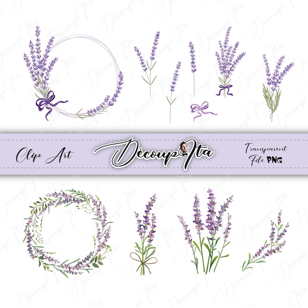 Beautiful set, floral elements lavander flower, lavender sprigs, wreaths and frames, Lavender field, fleurs, clip art, png, vector file, pdf