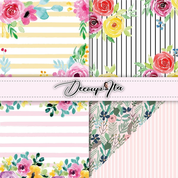 floral, pink, yellow, stripes, glittering, butterflies, acuarela, rayas, Carta digitale, Decoupage, Scrapbooking, Cardmaking, Collage Sheet