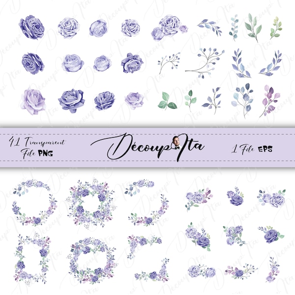 Beautiful set, frame, floral elements, garland, flower, watercolor, serti, fleurs, lavande, rose clip art, png, vector file, decoupage