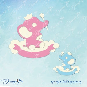 Peut inclure: Deux fichiers de découpe numérique d'un éléphant portant une couronne et tenant une baguette. L'éléphant de gauche est rose et l'éléphant de droite est bleu. Les deux éléphants sont assis sur un nuage avec une bannière en dessous.