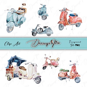 Beautiful vespa, retro, ilustracion, conjunto, vehiculo, vintage, italy, european, art clip art, png, vector file, decoupage