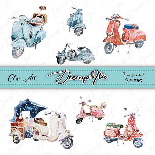 Belle vespa, rétro, ilustracion, conjunto, vehiculo, vintage, italie, européen, clipart, png, fichier vectoriel, découpage