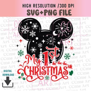 My first Christmas Svg Png, First Christmas svg, Baby’s first Christmas svg, Mickey Mouse and Minnie Mouse head, Castle fireworks, Baby Boy