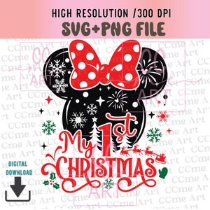 My first Christmas Svg Png, First Christmas svg, Baby’s first Christmas svg, Mickey Mouse and Minnie Mouse head, Castle fireworks, Baby Girl