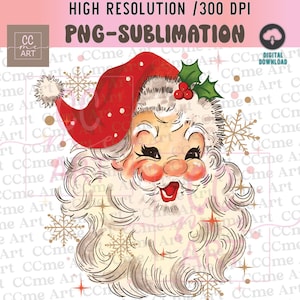 Pu&ograve; includere: Un'illustrazione vintage di Babbo Natale con un cappello rosso e una barba bianca. Sorride e ha un'espressione allegra. Lo sfondo &egrave; bianco con fiocchi di neve dorati.